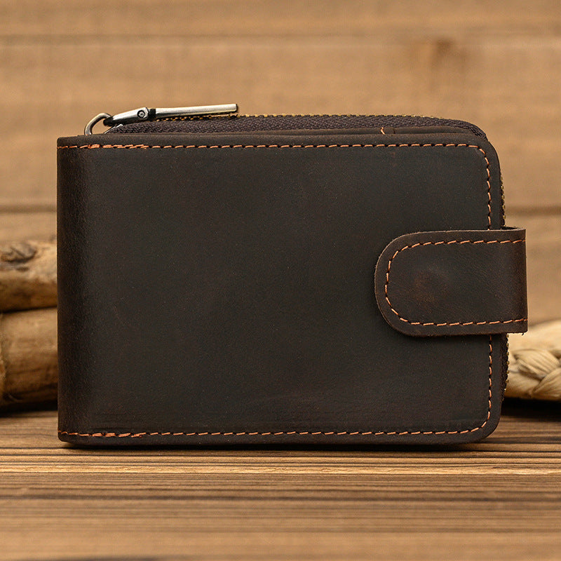 mens short crazy horse leather zipper wallet