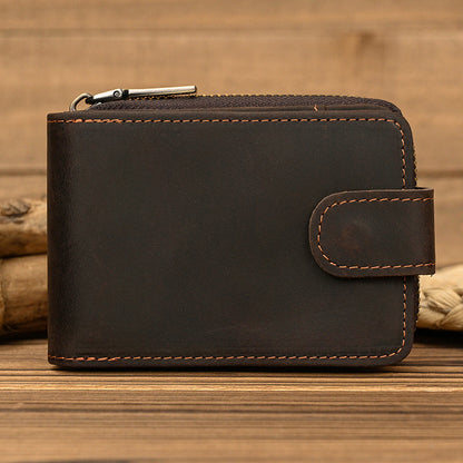 mens short crazy horse leather zipper wallet