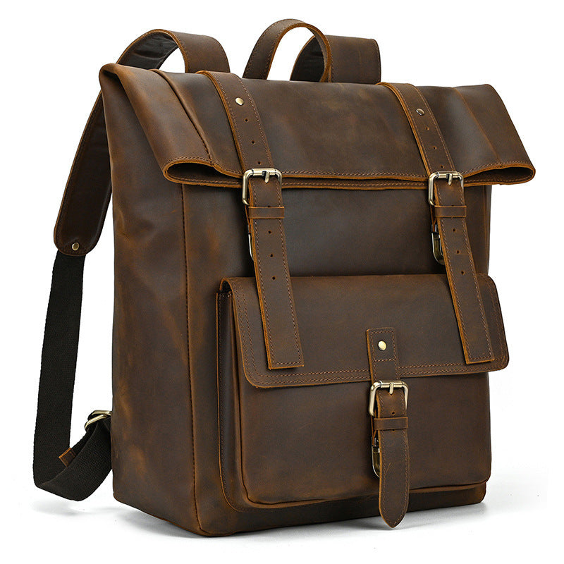 retro genuine leather backpack mens large capacity student first layer cowhide travel