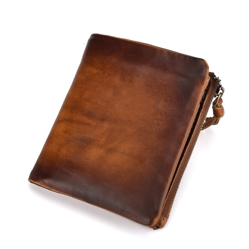 cowhide retro double zipper men wallet