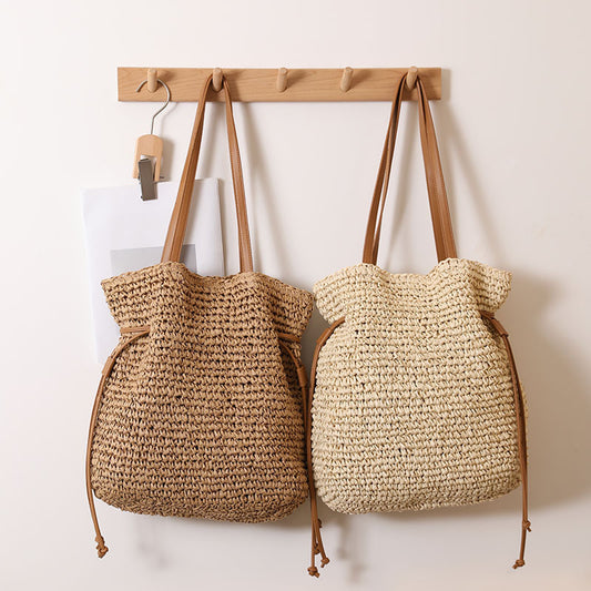large capacity straw bag drawstring hand carrying knitting shoulder bag