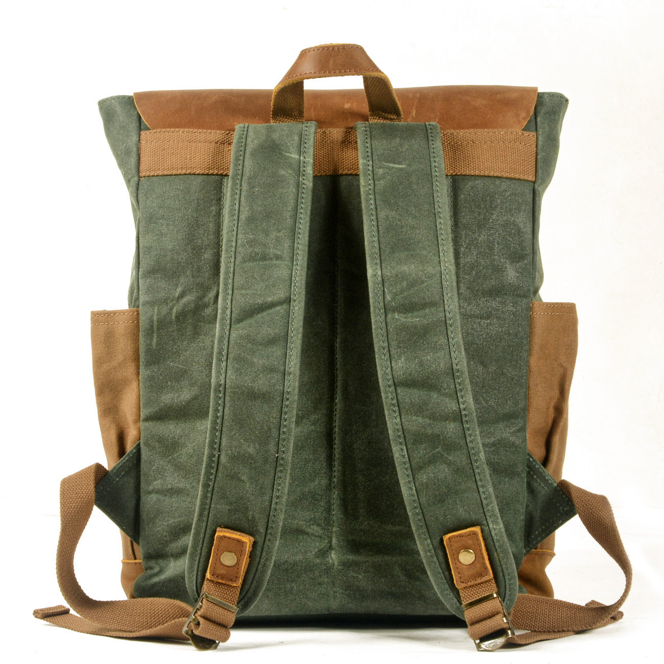 canvas stitching crazy horse leather backpack oil wax waterproof computer schoolbag