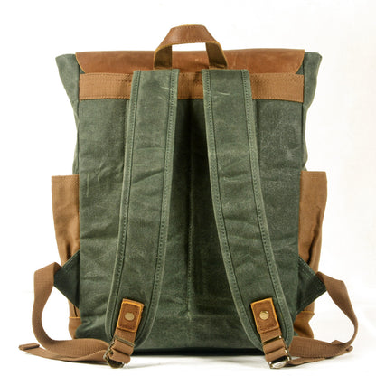 canvas stitching crazy horse leather backpack oil wax waterproof computer schoolbag