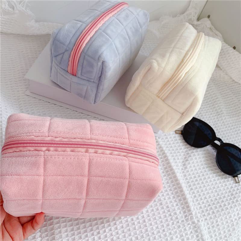 plush makeup bag checkered cosmetic bag cosmetic travel bag large zipper travel toiletry bag portable multi functional capacity bag cute makeup brushes storage bag for women