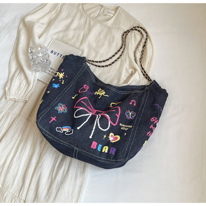 Women's Niche Graffiti Denim Canvas Casual Large Capacity Single Shoulder Bag