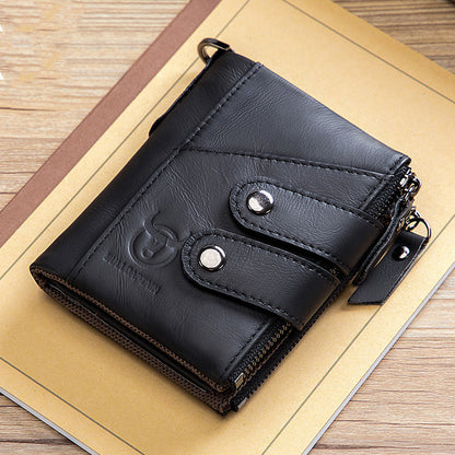 mens genuine leather retro zipper tri fold cowhide wallet