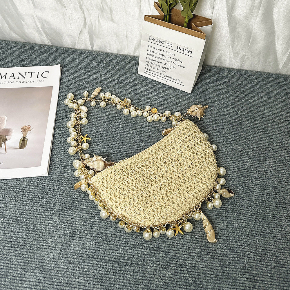 summer seaside holiday pearl conch straw bag