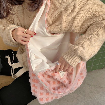 waffle-flannel-bag-tote-bag-large-capacity-commute-minimalist-student-class-bag