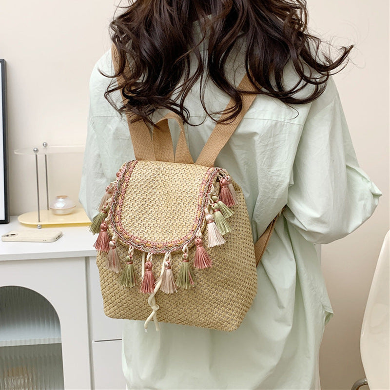 western style travel womens straw backpack bohemian style tassel bag