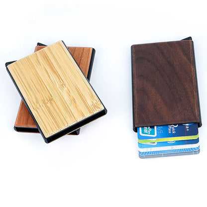 creative wooden business card metal sticker wood automatic pop up bank card rfid box