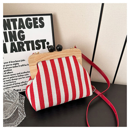 new striped canvas wooden clip mouth clutch