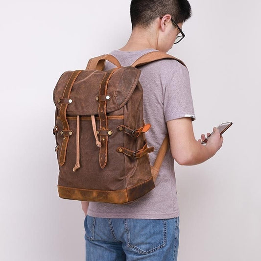 retro crazy horse leather casual canvas oil wax hiking backpack