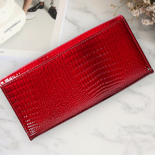 patent leather crocodile pattern womens wallet high grade red lock clutch