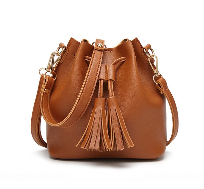 vintage fashion small women leather bucket bag handbag tassel drawstring shoulder bag