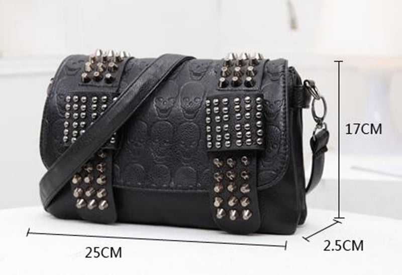 fashion women black leather messenger bags fashion vintage messenger cool skull rivets shoulder bags