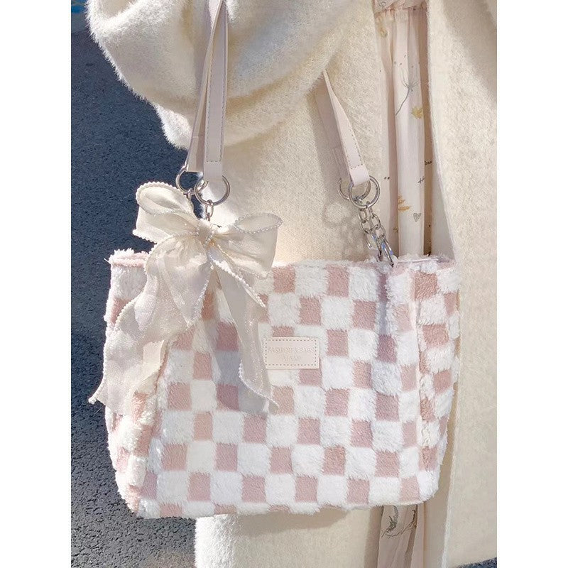 large capacity plush bag womens new plaid shoulder