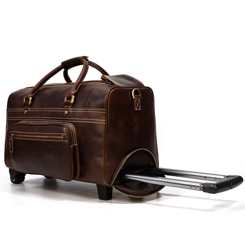 mens genuine leather trolley case retro leather travel bag