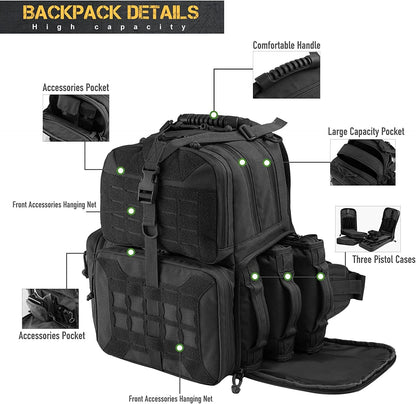 tactical range backpack bag votagoo range activity bag for handgun and ammo 3 pistol carrying case for hunting shooting