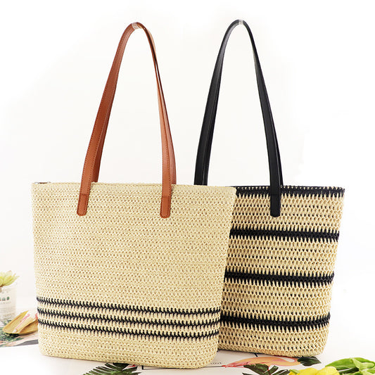 striped large capacity casual handbag summer straw bags