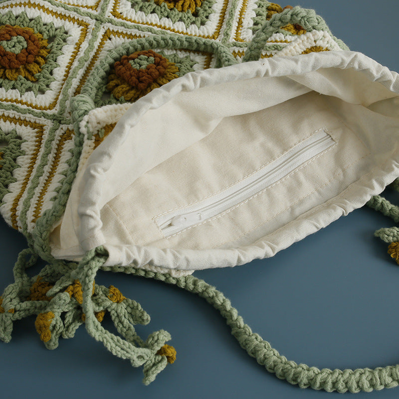 sweet wool crocheted drawstring shoulder bag