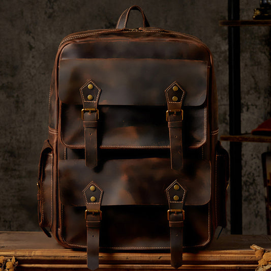 handmade crazy horse leather backpack for mens retro travel