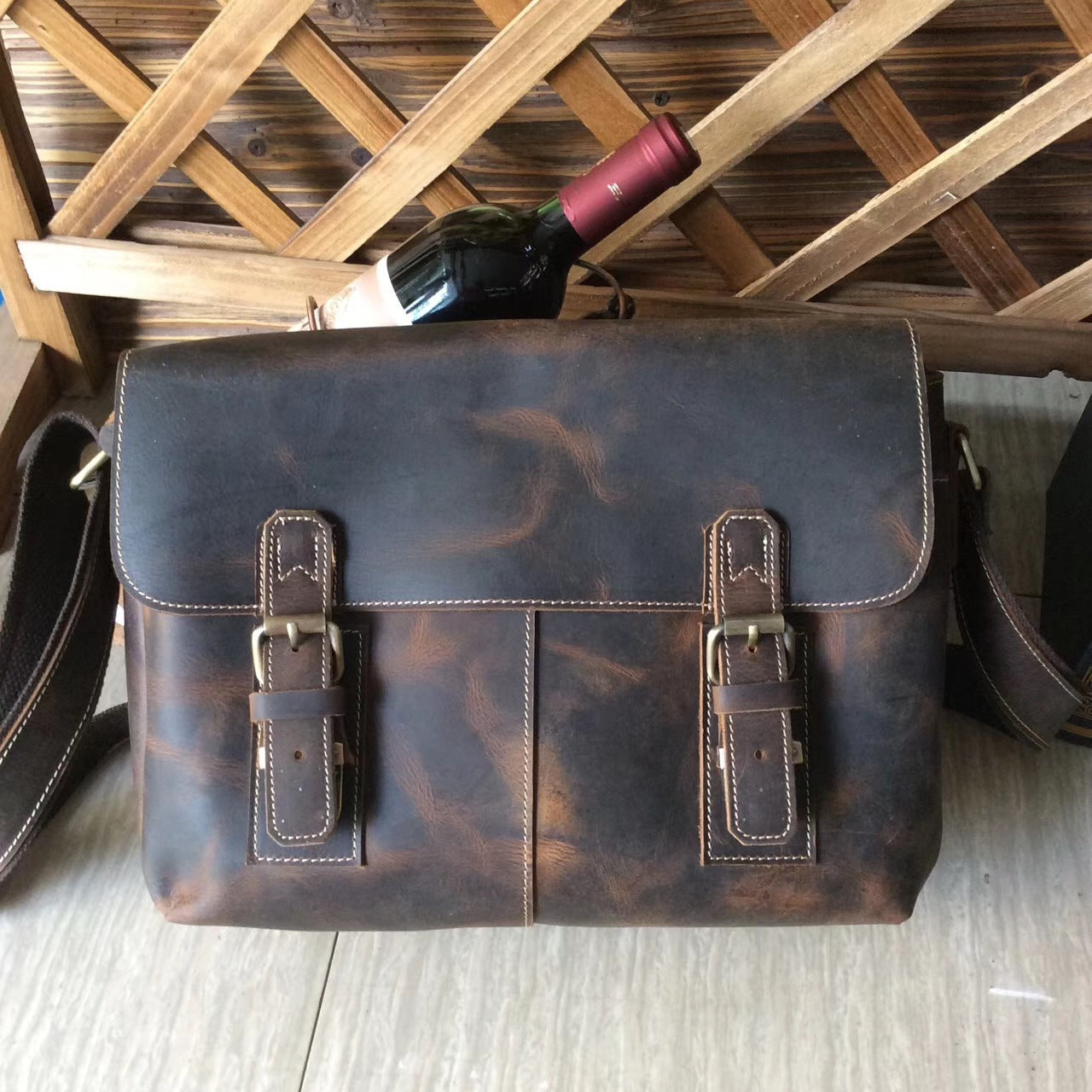 mens crazy horse leather top layer cowhide messenger bag