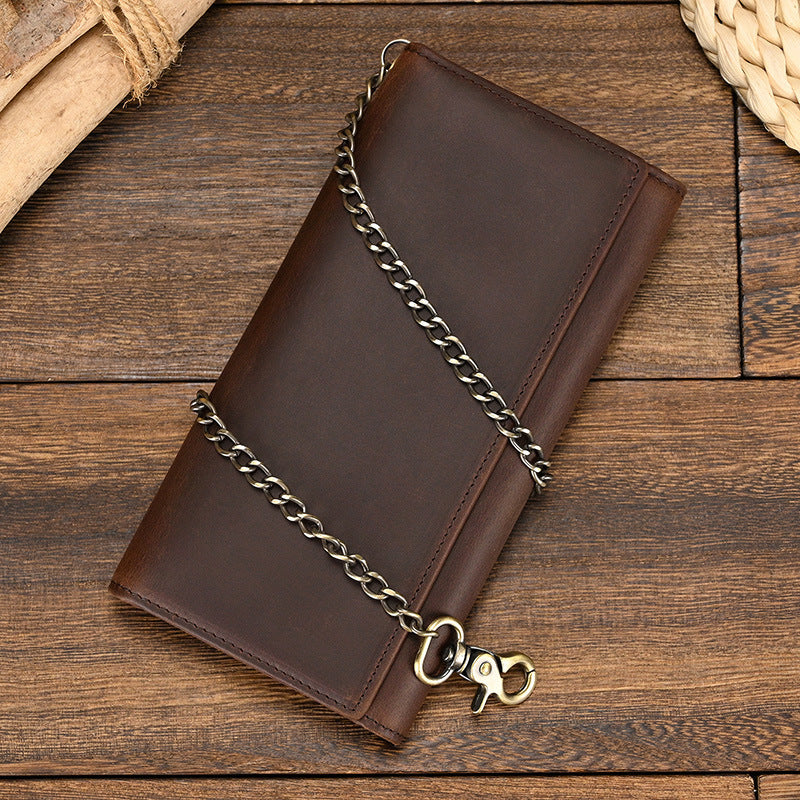 mens crazy horse leather long chain anti theft wallet