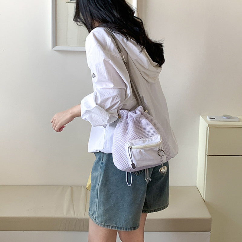 small mesh drawstring bucket bag fashion cute messenger shoulder bags for women