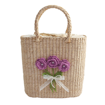 casual hand woven straw bag verticle square flower purple