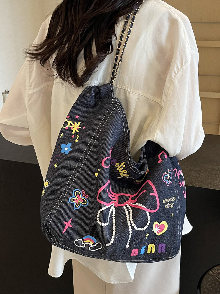 Women's Niche Graffiti Denim Canvas Casual Large Capacity Single Shoulder Bag