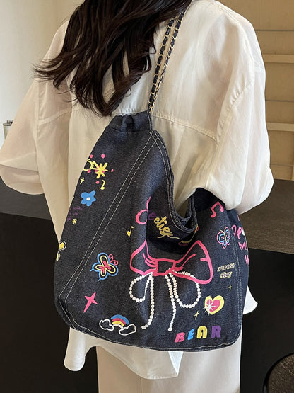 Women's Niche Graffiti Denim Canvas Casual Large Capacity Single Shoulder Bag