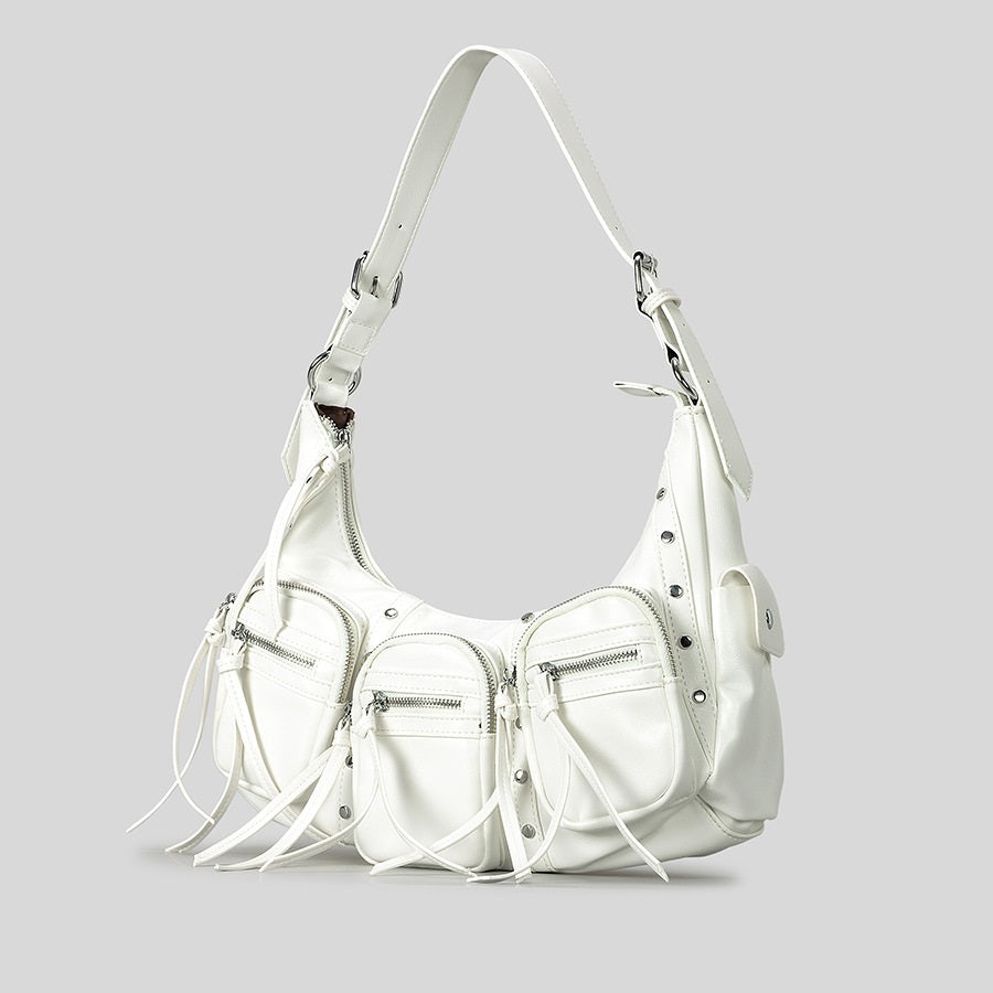 one shoulder punk tassel large capacity motorcycle bag women