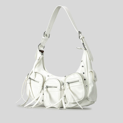 one shoulder punk tassel large capacity motorcycle bag women