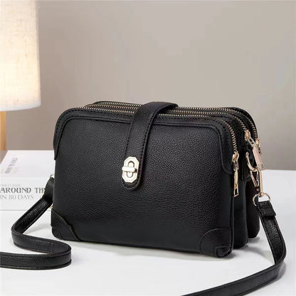 multi layer lychee pattern simple texture soft leather western style multi functional shoulder crossbody small square bag