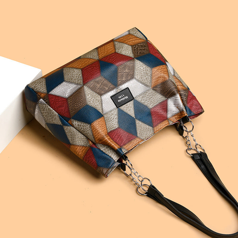 retro geometric pattern color matching shoulder bag fashion large capacity stitching handbag for women totes