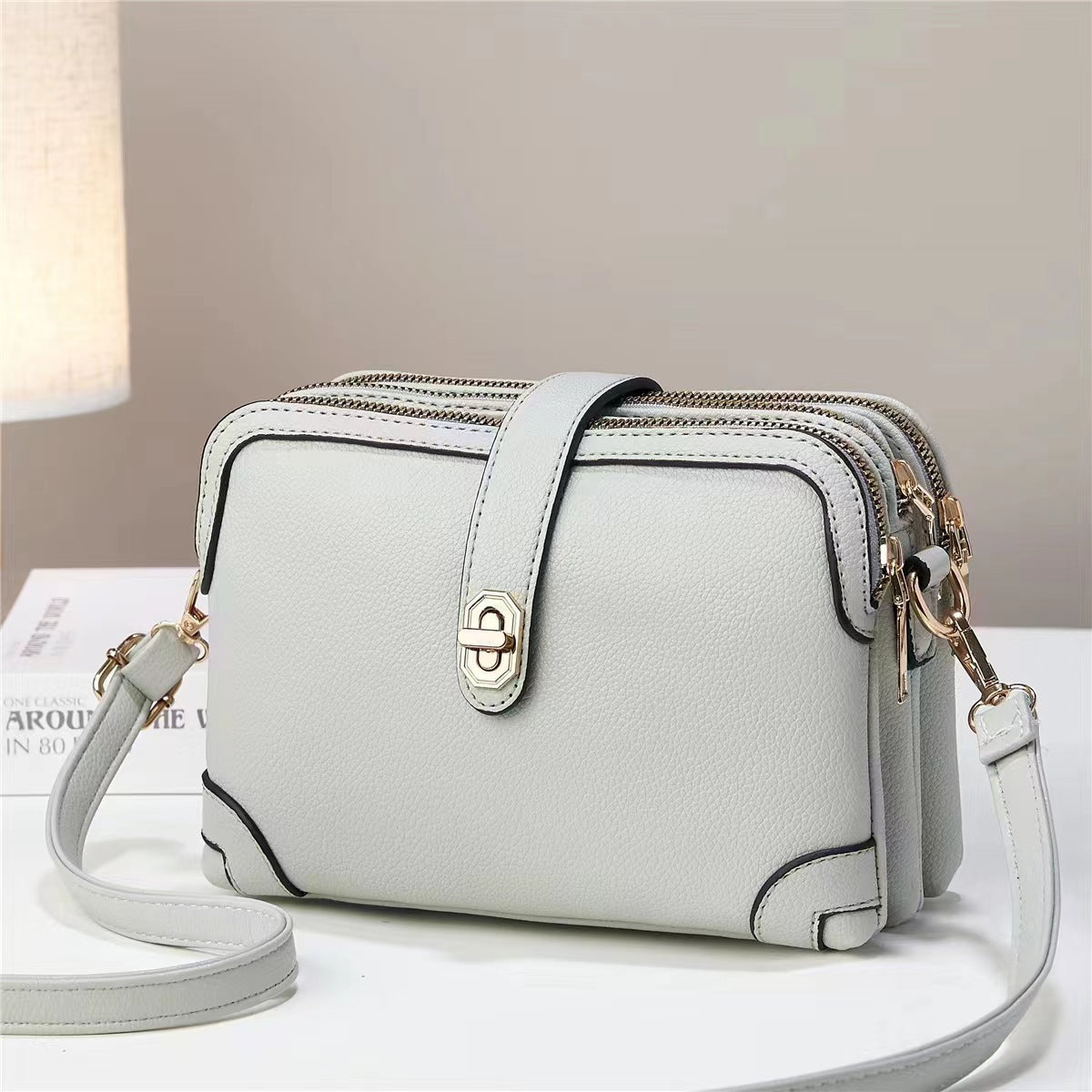 multi layer lychee pattern simple texture soft leather western style multi functional shoulder crossbody small square bag