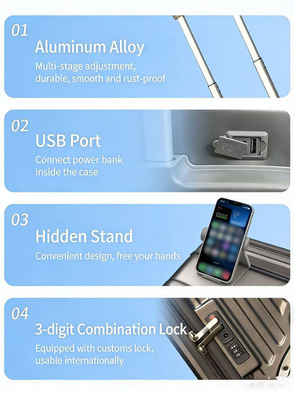 PC Material Large Wheel Luggage, 20 Inches, 24 Inches, TSA Lock, Folding Cup Holder, Outdoor Travel Luggage With Phone Holder And USB Port, Portable Rolling Luggage