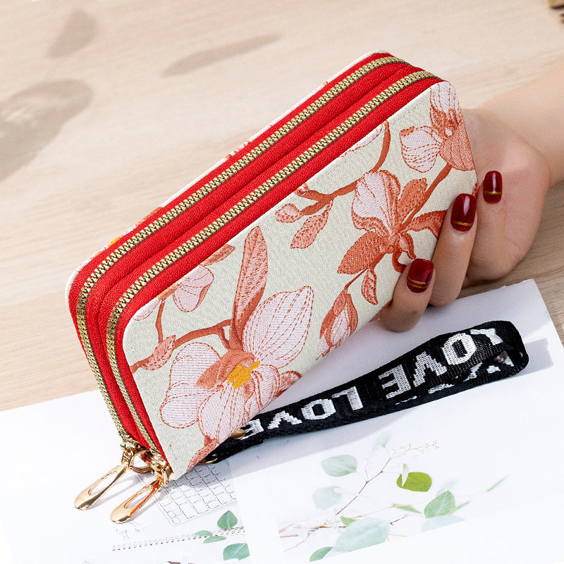 long double zipper flower large capacity wallet