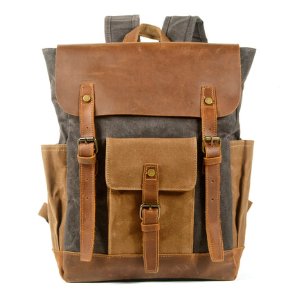 canvas stitching crazy horse leather backpack oil wax waterproof computer schoolbag