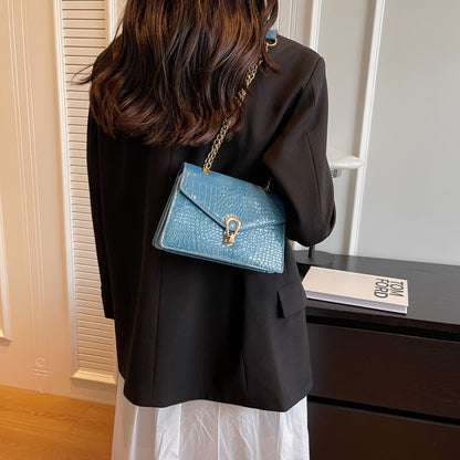 Womens Solid-Color Versatile Crocodile-Print Chain Crossbody Bag