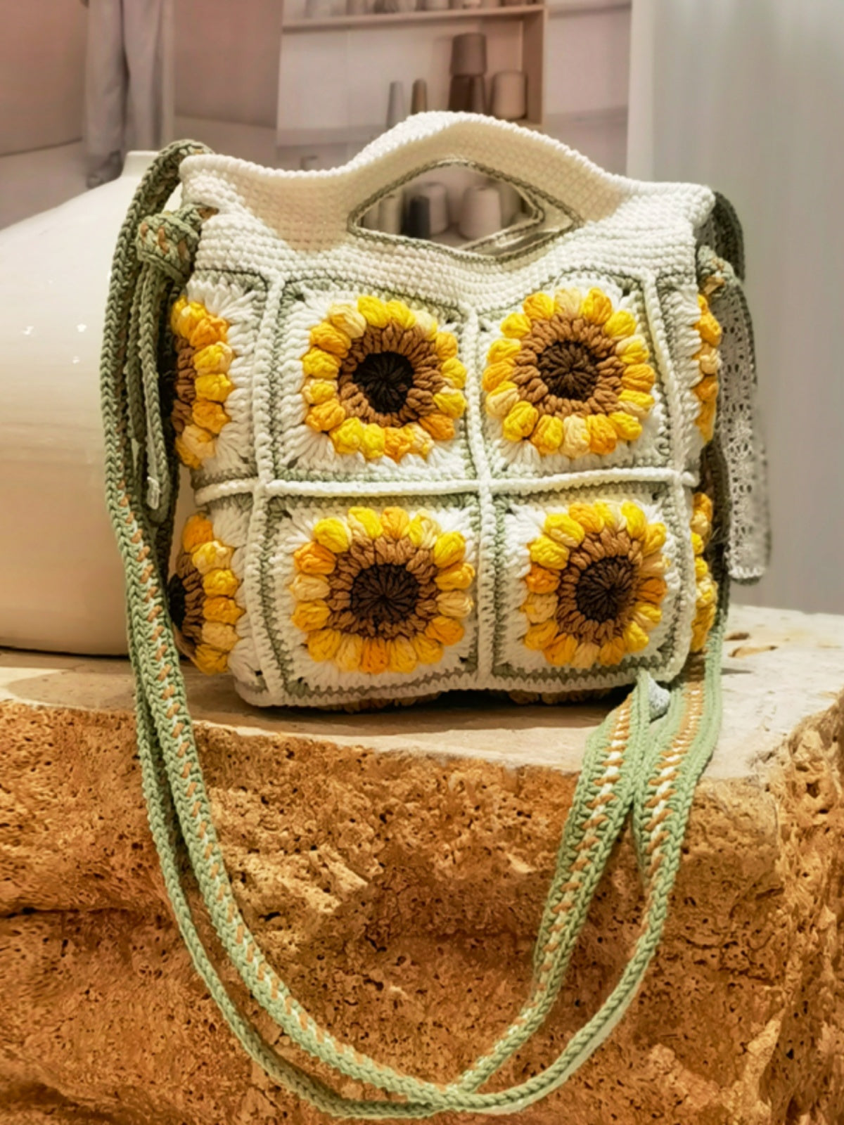 wool crocheted hand held crossbody dual use sweet hand woven sunflower womens bag