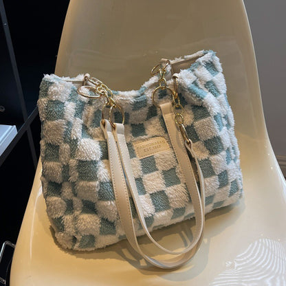 large capacity plush bag womens new plaid shoulder