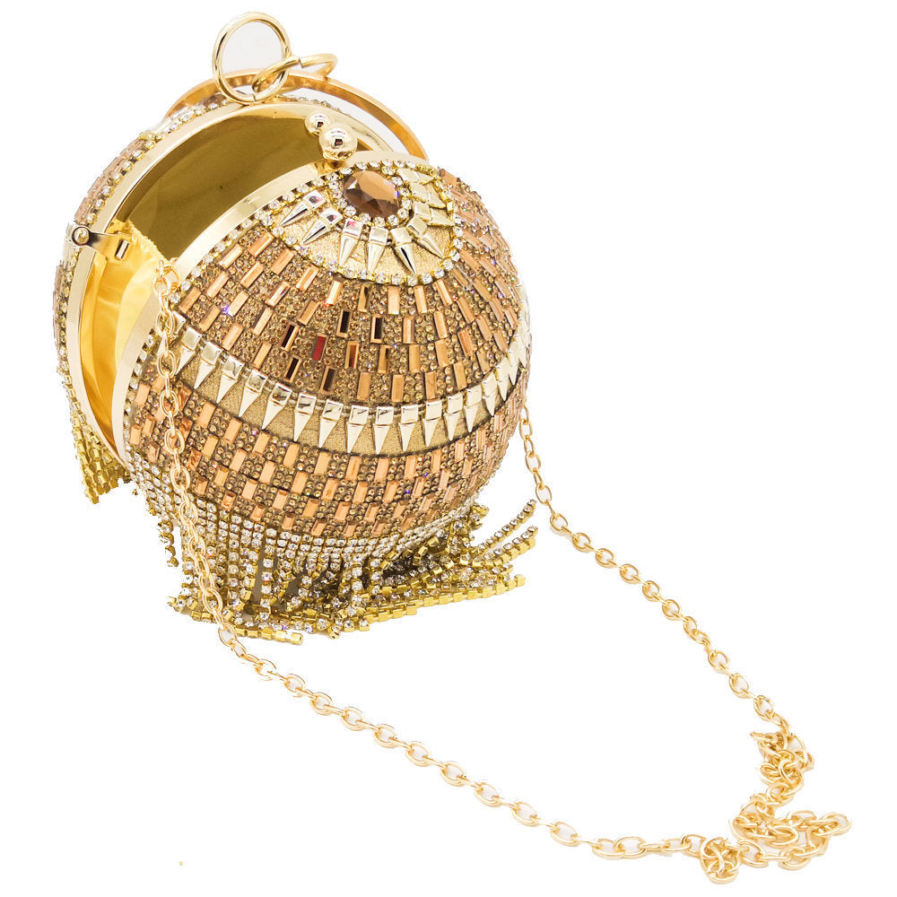 round dinner bag with diamond stickers spherical tassel bag hot diamond handbag chain bag