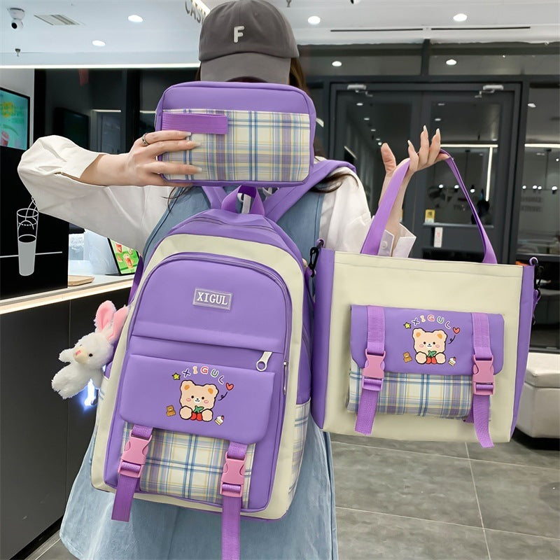 large capacity high school plaid three piece set junior high school student elementary school studebt backpack