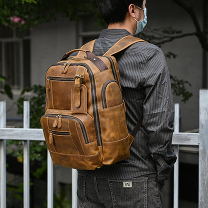 retro mens backpack cowhide large capacity 15 inch computer bag