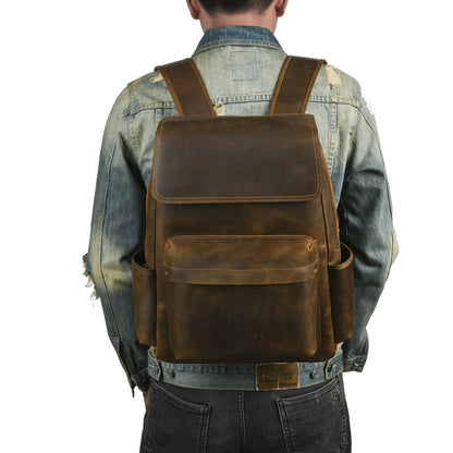 Flip-Top Design Multi-Pocket High-Capacity Commuter Leather Backpack