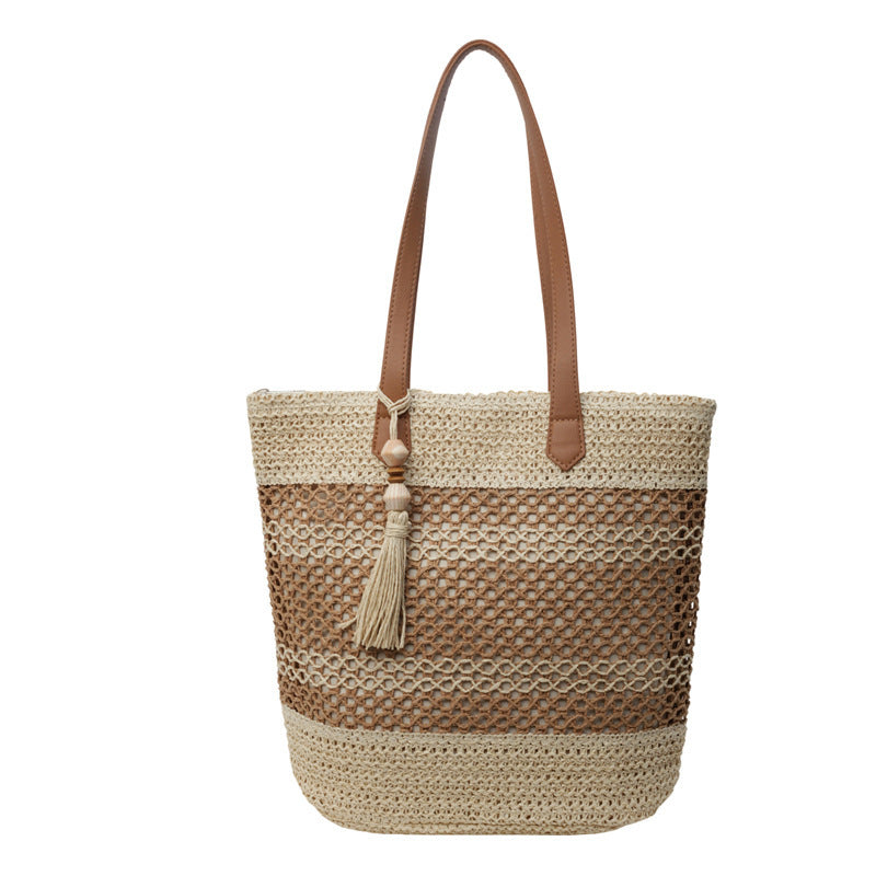 summer stripe straw sholder bags with tassel pendant fashion large capacity seaside vacation beach bags