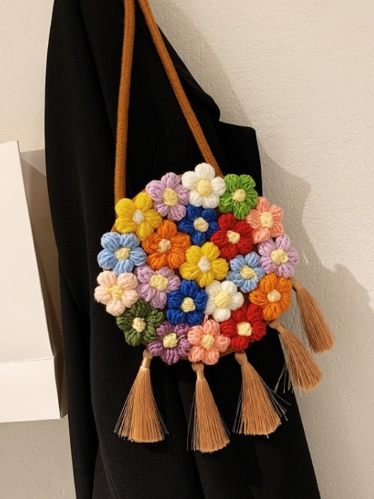 ethnic fluffy bag for women 2025 new fashion trend floral small round bag stylish and versatile can be worn on one shoulder or cross body