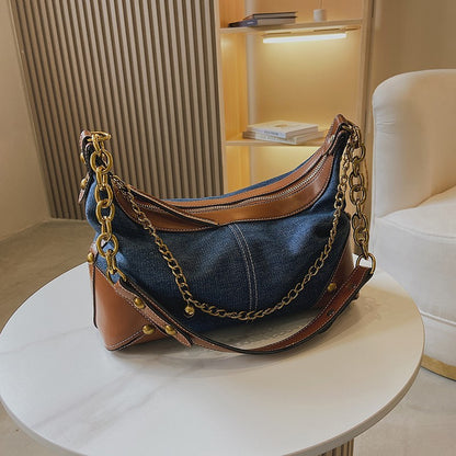 fashion versatile chain denim one shoulder handbag