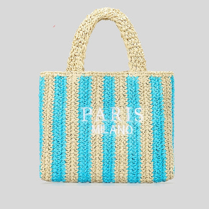 striped hand woven straw bag womens embroidered letters